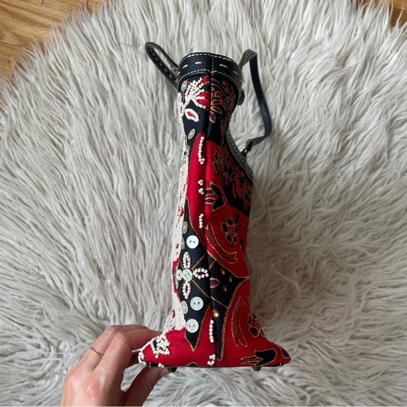 Isabella Fiore Beaded Sequined Paisley Cloth Leather Trim Black Red Shoulder Bag - Picture 4 of 12